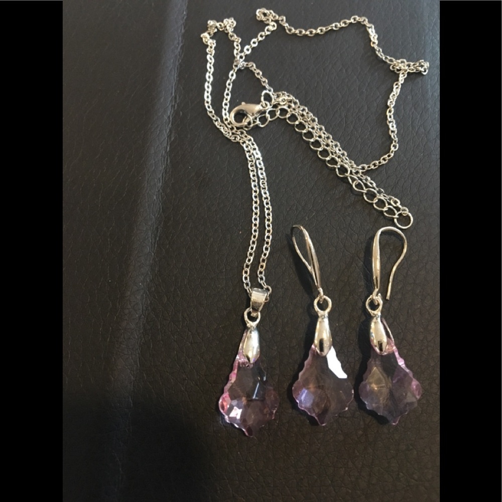 Pink Crystal Earrings & Necklace W/Pendant Set